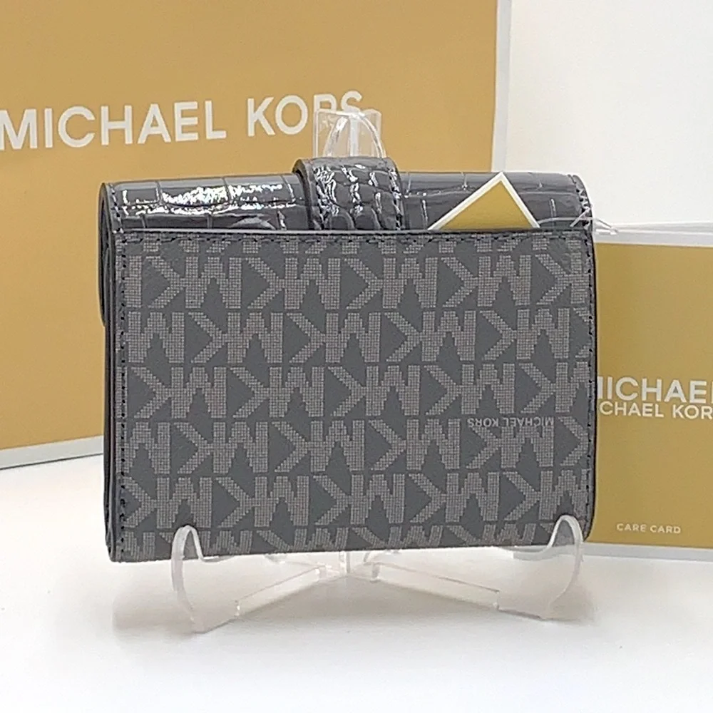MICHAEL KORS CARMEN MEDIUM FLAP LOGO AND FAUX LEATHER WALLET HEATHER GREY MULTI